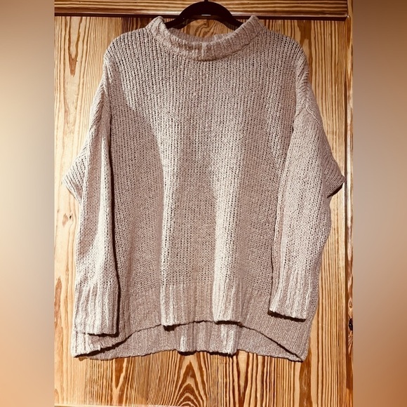 Aerie Wool Blend Oversized Sweater Pink Tan Crewneck Cozy Knit Relaxed Fit - Picture 4 of 10